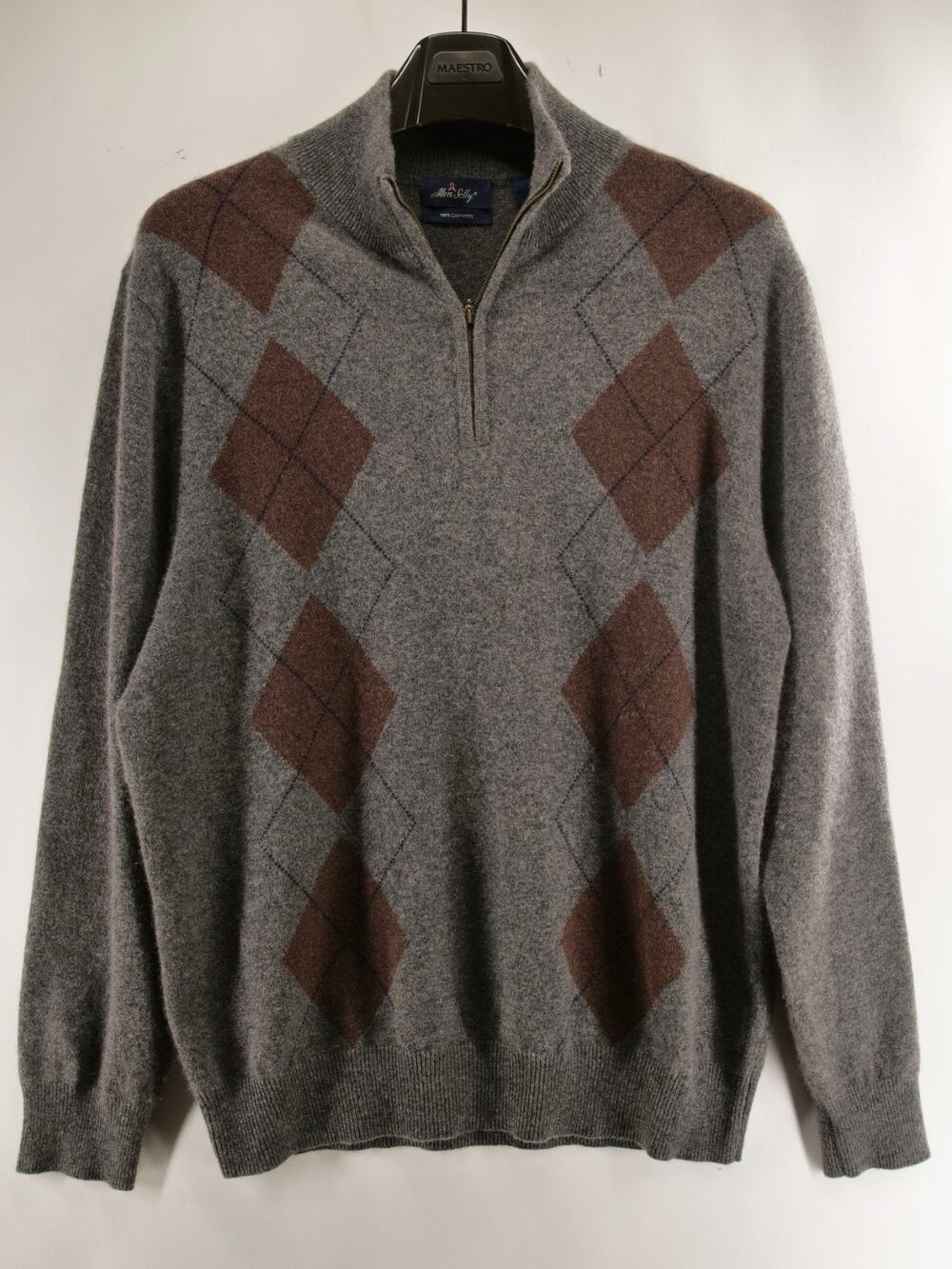 Allen Solly Men L 100% Cashmere Argyle 1/4 Zip Pullover Sweater Gray Brown Large